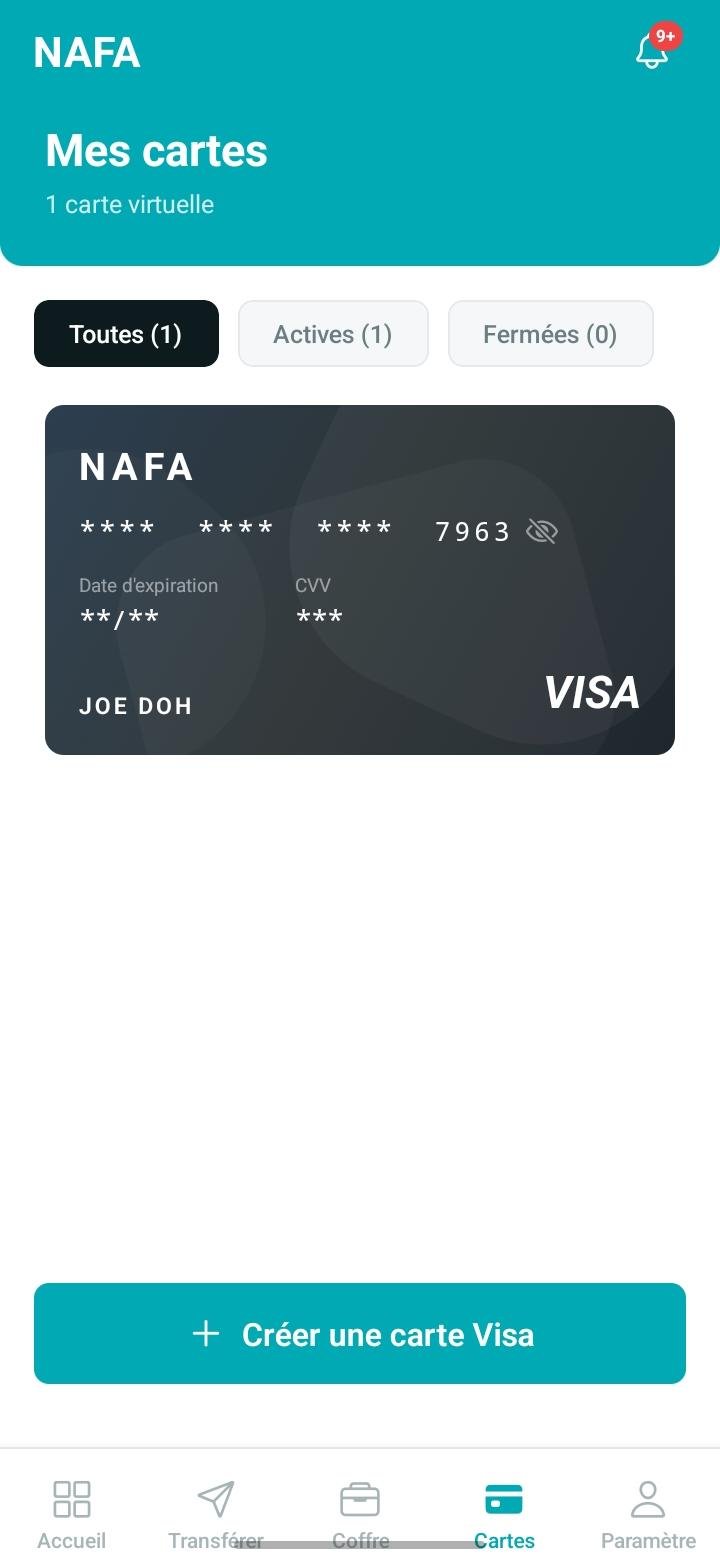 Écran cartes virtuelles Visa NAFA